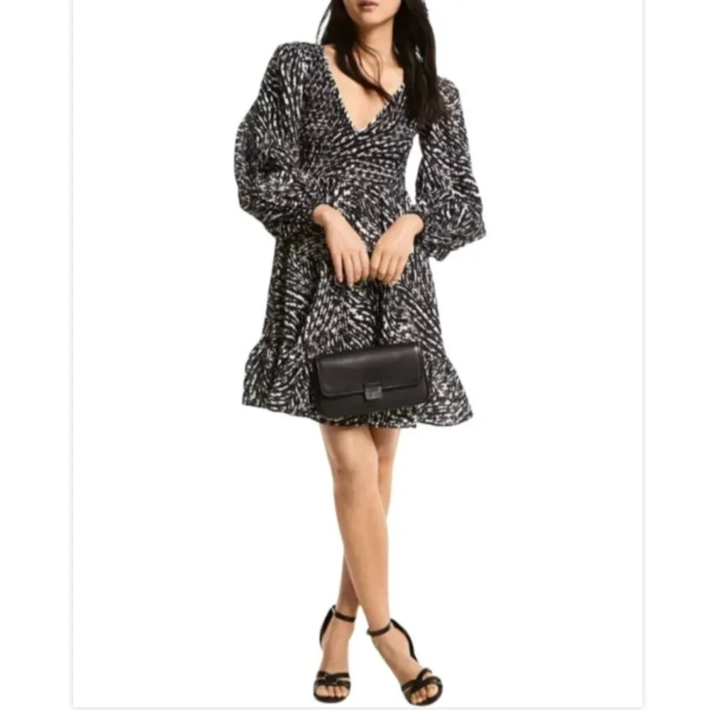 MICHAEL Michael Kors Balloon Sleeve Zebra print smocked eyelet V-neck dress - Picture 3 of 14
